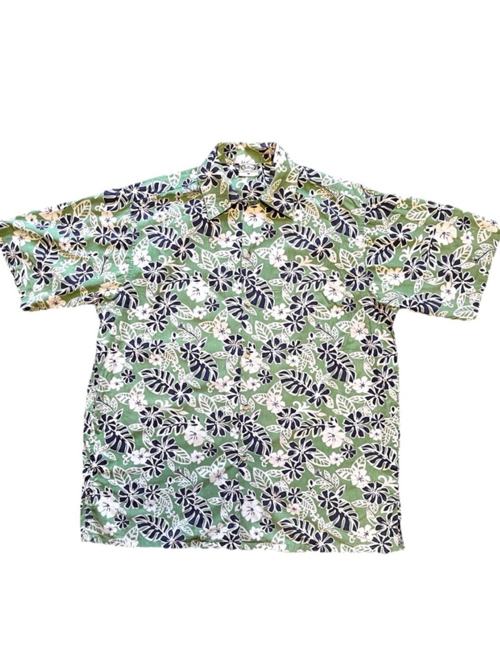 GO BAREFOOT Hawaiian Shirt Sage Green White Navy Hibiscus Monstera Men’s Size M